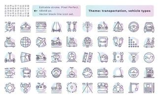 Transportation dark blue line icon set with light gradient background, 50 signs of vehicle types - 48x48 px editable stroke, pixel perfect and 300x300 px symbols not editable stroke vector