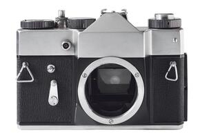 Vintage single-lens reflex camera without lens isolated on a white background photo