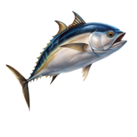 A detailed, lifelike illustration of a bluefin tuna swimming forward, highlighting its anatomical features against a transparent backdrop png