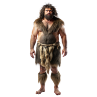 A primitive man wearing animal skins poses confidently with a transparent background png