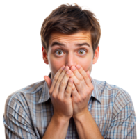 Young man in plaid shirt covers his mouth with both hands, eyes wide open in surprise, against a transparent background png