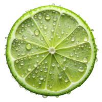 A close-up image of a fresh lime slice covered in water droplets on a transparent background png