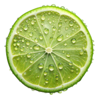 A close-up of a lime slice covered in water droplets, on a transparent background png