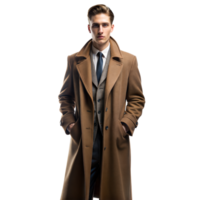 Man in a brown overcoat poses confidently in a studio with a transparent background png