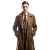 Man in a brown vintage coat and suit posing confidently against a transparent background png