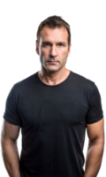 une homme des stands en toute confiance dans une noir T-shirt png