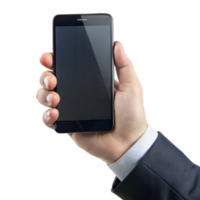 Hand holding a sleek black smartphone with a transparent background for digital use png