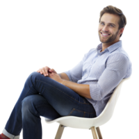 Man with a striped shirt and jeans sitting on a modern white chair, smiling warmly png