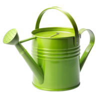 A vibrant green metal watering can with a top handle and spout on a transparent backdrop png