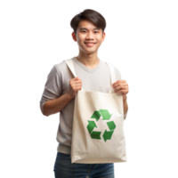 Smiling young man holds a reusable bag with a recycle symbol, advocating for sustainable living png