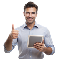 Man holding a tablet and giving thumbs up, smiling confidently, wearing a blue shirt png