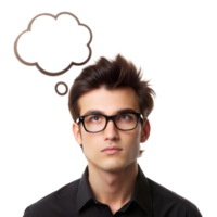 Young man with glasses looking up, thinking, against transparent background png