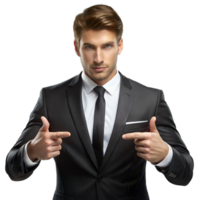 A confident man in a black suit and tie pointing towards the camera with both hands, on a transparent background png