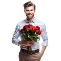 A happy man in a light blue shirt and khaki pants holds a bouquet of red roses while smiling png