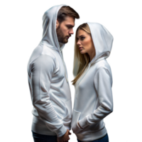 A man and woman in white hoodies stand facing each other against a transparent background png