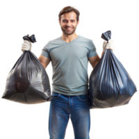 An individual wearing gloves holds two black trash bags, smiling png