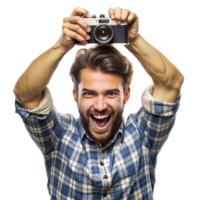 A joyful, bearded man with a camera raised above his head smiles enthusiastically png