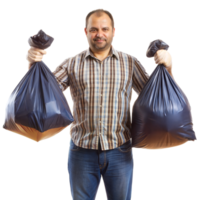 Man in casual plaid shirt holds two full garbage bags, smiling confidently inside png