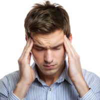 A young man in a striped shirt appears stressed, holding his temples with his eyes closed png