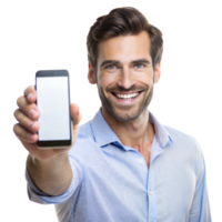 Man in a blue shirt smiling while presenting a blank-screen smartphone with a transparent background png