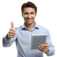 un hombre en un azul camisa sostiene un tableta y da un pulgares arriba, sonriente con confianza png