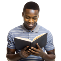 une Jeune homme dans une rayé chemise est Heureusement en train de lire une livre png