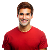 Cheerful young man smiling in red shirt against transparent background png