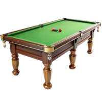 A wooden billiards table with green felt holds six pool balls png