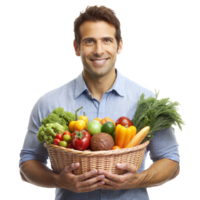 A cheerful man in a blue shirt holds a wicker basket filled with a variety of fresh vegetables, smiling at the camera png