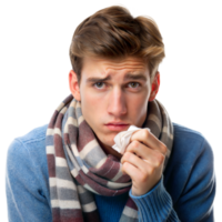 Man in a scarf and sweater holds a tissue, looking sick and concerned, displaying symptoms of a cold png