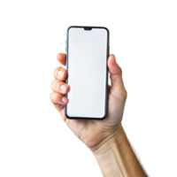 A hand holding a modern smartphone with a blank screen png