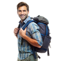 sonriente joven hombre que lleva un grande excursionismo mochila, Listo para un al aire libre aventura, vistiendo un azul tartán camisa png