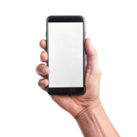 A person holds a black smartphone with a blank screen png