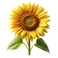 Large sunflower with green leaves on transparent background png