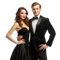 A couple in black formal wear stands together, smiling confidently at an evening gala png