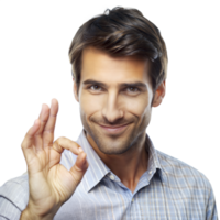 A smiling man in a checkered shirt makes an OK gesture against a transparent background png