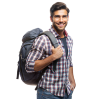 une homme avec une sac à dos sourit à le caméra, portant une plaid chemise et jeans png