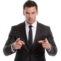 A well-dressed man in a black suit and tie confidently points forward with both hands png