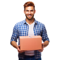 A cheerful young man with a beard and mustache is holding a cardboard box while standing indoors, wearing a plaid shirt png