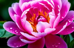 encantador delicado rosado peonía flor en gotas de lluvia, rocío foto