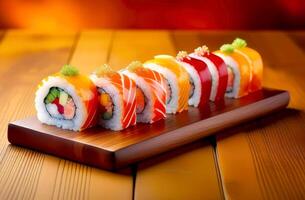 Japanese rolls on the board in close-up photo