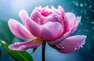 encantador delicado rosado peonía flor en gotas de lluvia, rocío foto