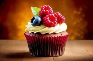 delicioso dulce postre magdalenas, cupcakes con bayas en un brillante antecedentes foto