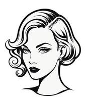 Woman face soft bob, medium length hair exquisite waves and curls in cinematic hairstyle 30s vector