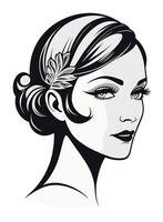 Gatsby glitz detailed side part updo hair with flowery accessory hairstyle 1920s vector