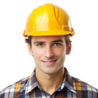 sonriente construcción trabajador en amarillo difícil sombrero png