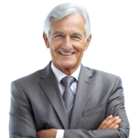 Senior man wearing a gray suit with a confident smile on a transparent background, arms crossed, and looking directly ahead png