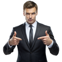 A confident businessman in a formal suit points forward with a determined expression against a transparent backdrop png