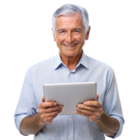 Happy senior man using tablet png