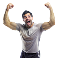 Joyous male sportsman raises his arms in victory on a transparent background png